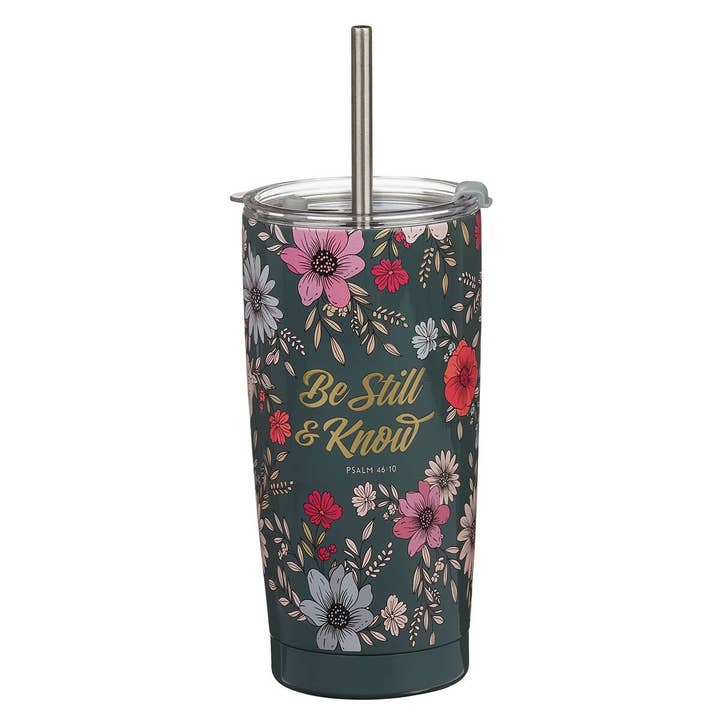 Gobelet SS Floral Teal Reste tranquille et sache Ps. 46:10 pour la vente par Christian Art Gifts