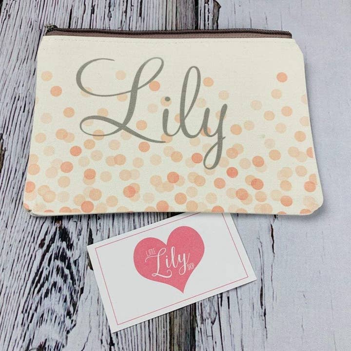 Personalisierte Schminktasche - Pfirsichfarbenes Konfetti-Design für den Großhandel von Little Lily Shop