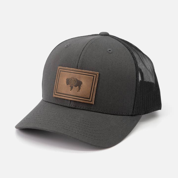 Range Leather Co. - Wholesale Trucker Hat - Unisex - Wyoming Flag Hat | Leather Patch Trucker Hat