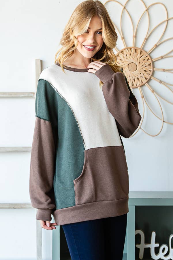 7th Ray - Wholesale Knit Top - Women's - Color Block Front Pocket Oversized Long Sleeve Top T534517
