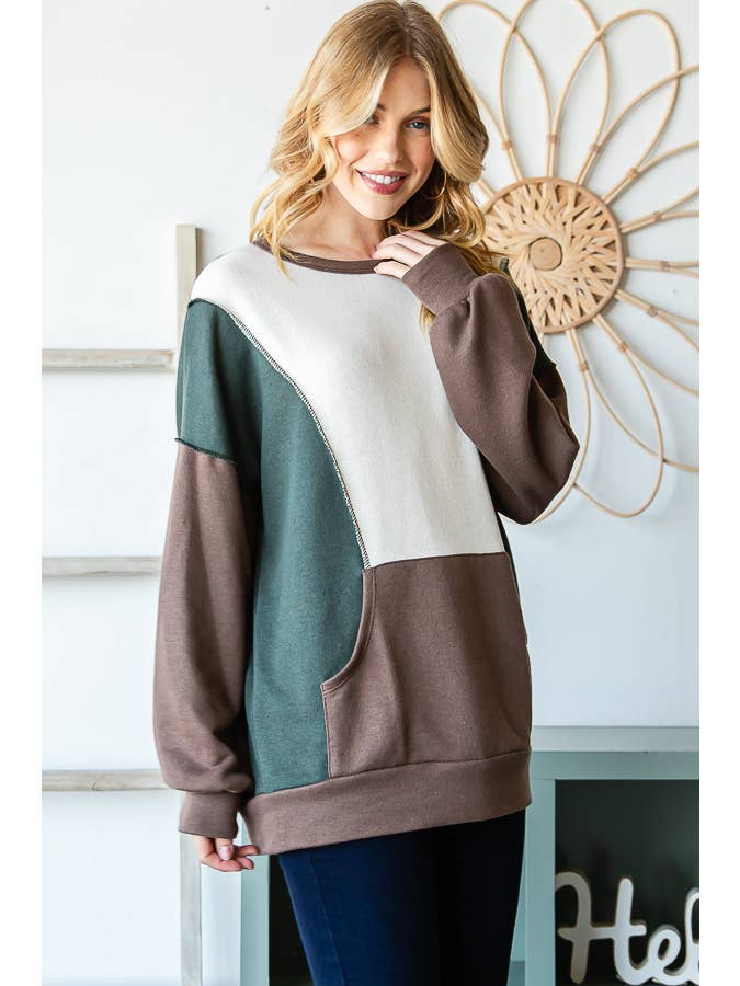 7th Ray - Wholesale Knit Top - Women's - Color Block Front Pocket Oversized Long Sleeve Top T534517