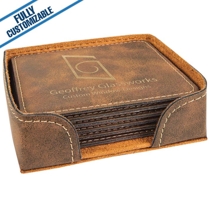 GiftWorksPlus - Wholesale Coasters - Engraved Leatherette Square Coasters - Fully Customizable24