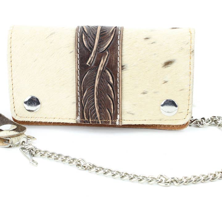 Leather Impressions Inc - Wholesale Wallet – Women's - Tan hair on hide tooled leather chain wallet #CW6HOH-TAN1