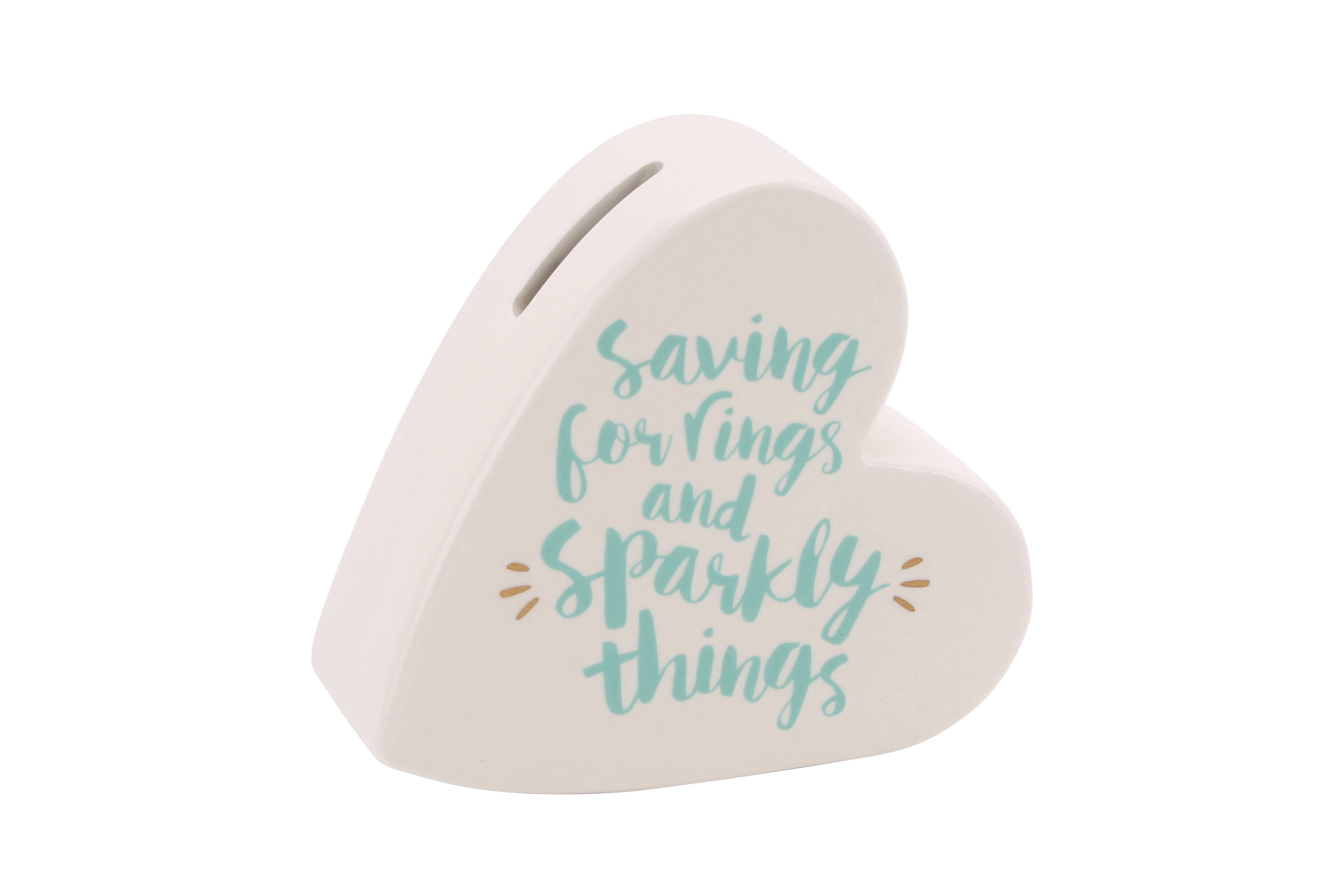 CGB Giftware - Wholesale Money/Piggy Bank - 'Saving For Rings & Sparkly Things' Ceramic Heart Money Box