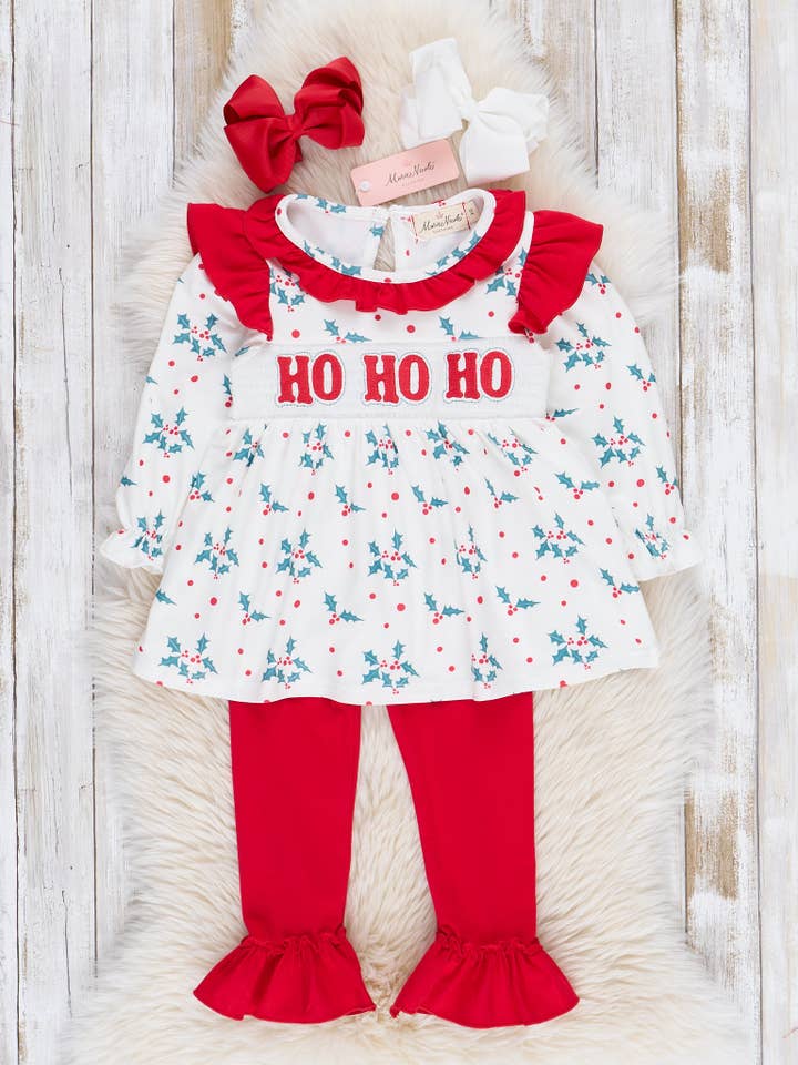Marie Nicole Clothing - Wholesale Top & Leggings Set - Kids - Red & Green Smocked "Ho Ho Ho" Ruffle Outfit