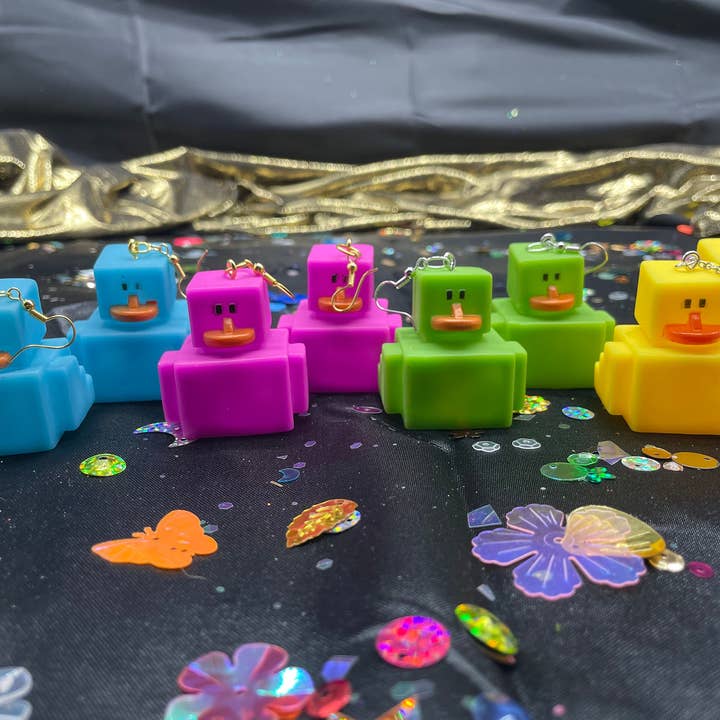 R59Creates - Wholesale Dangle earrings - 8 Bit Lil Rubber Ducky Earrings! In Pink, Yellow, Green & Blue W/ Gold, Silver Or Silver Drop Chain!