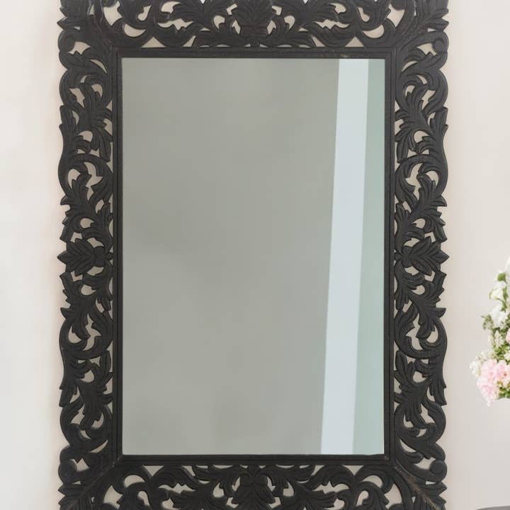 HomeRoots - Wholesale Wall mirror - 47" Black Floral Carved Solid Wood Framed Accent Mirror0