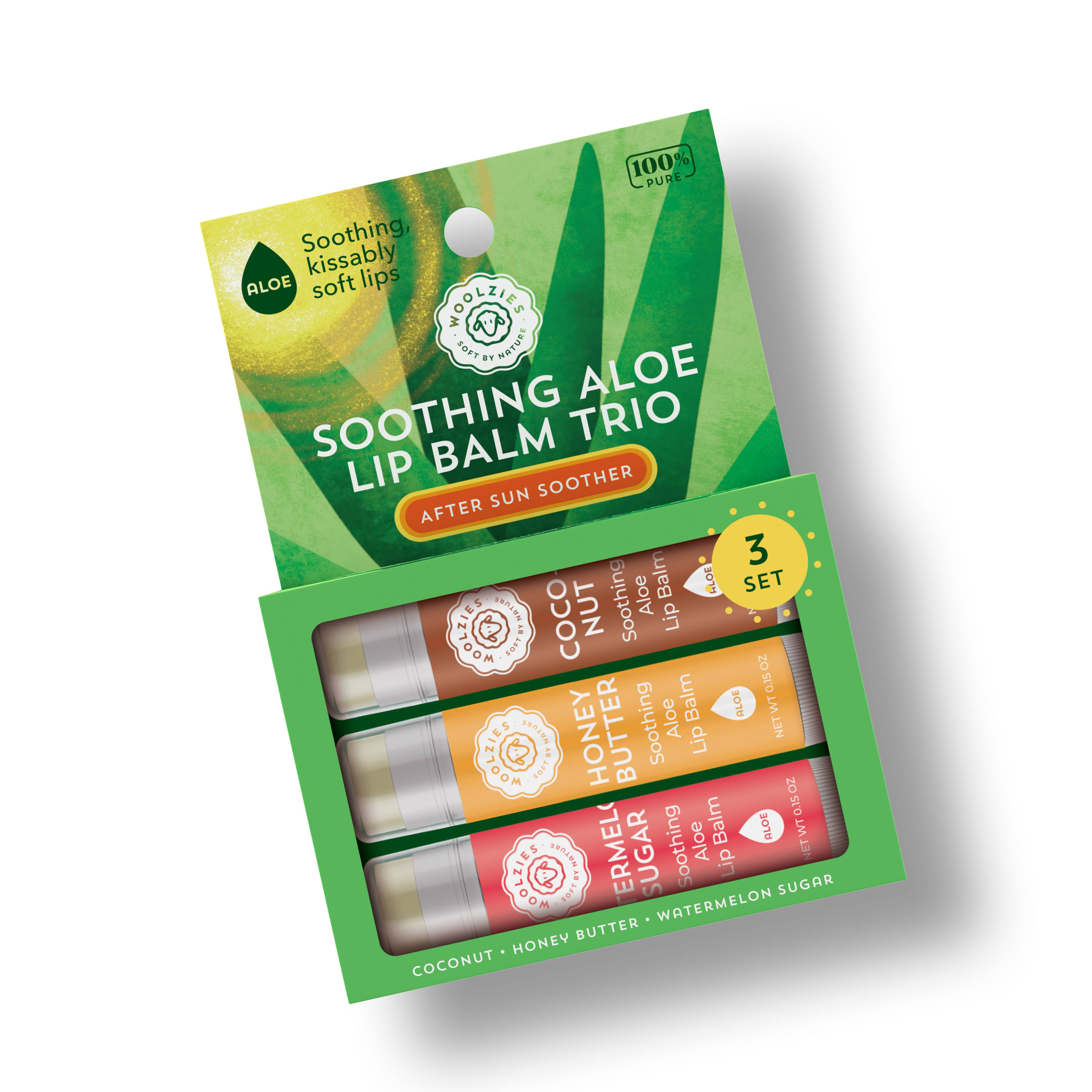 Woolzies - Wholesale Lip Balm Set - Soothing Aloe Lip Balm Trio - After Sun Soother3
