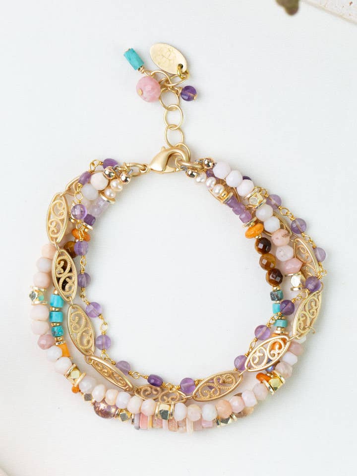 Joy 7.5-8.5" Pink Opal, Amethyst, Turquoise Multistrand Bracelet for wholesale by Anne Vaughan Designs Jewelry