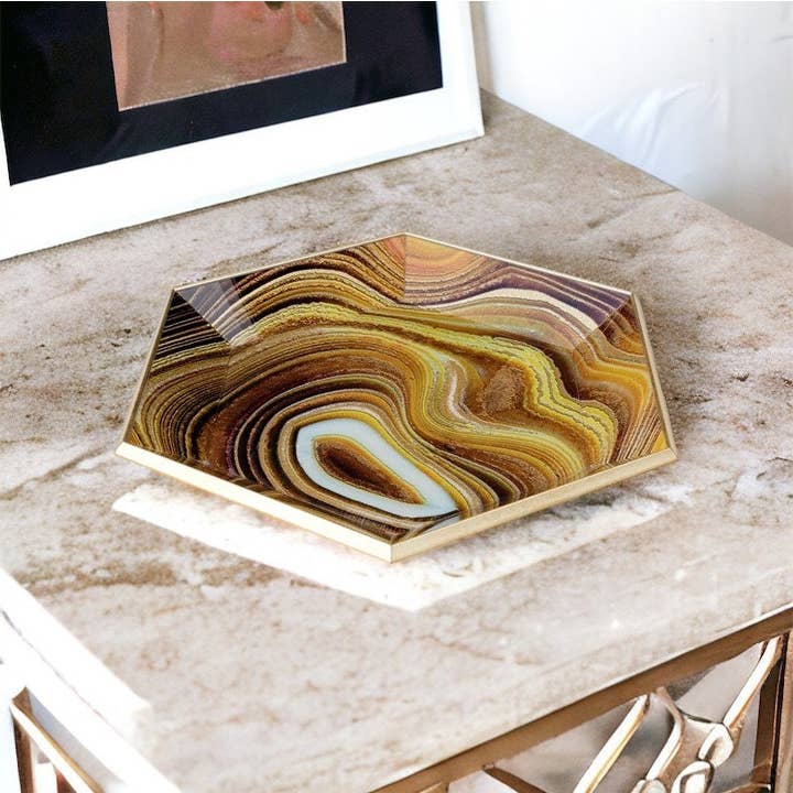 Febland – wholesale Decorative tray – Hexagon Tray Sand Design Display Bowl Dish Brown Golden