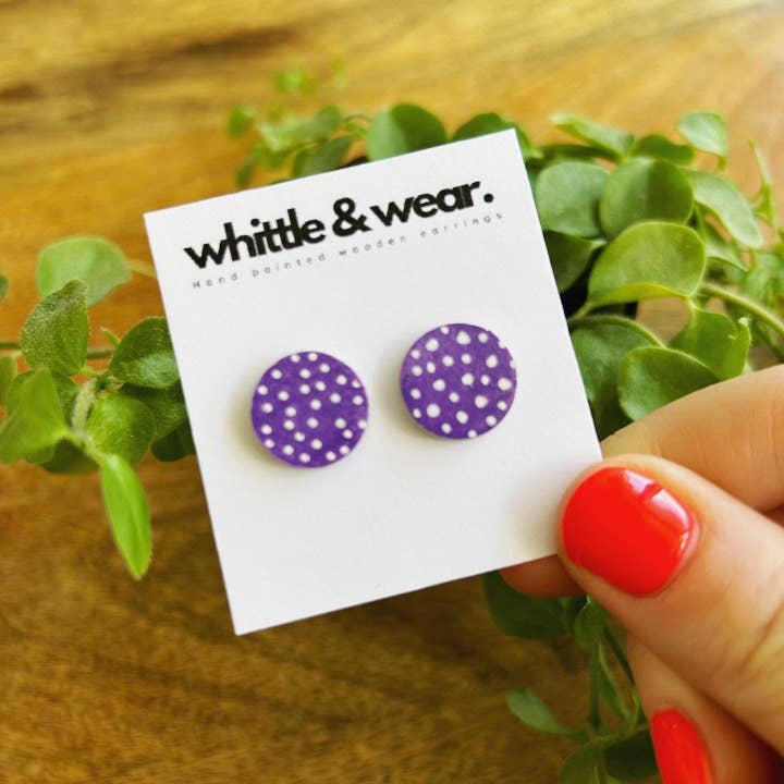Round studs. Purple with white spots for wholesale by Whittle and Wear