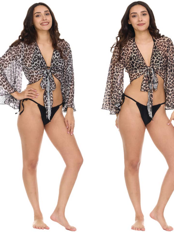Chaqueta de Malla de Poder con Estampado de Leopardo y Mangas Murciélago con Lazo Frontal para venta al por mayor de Aruba Blue