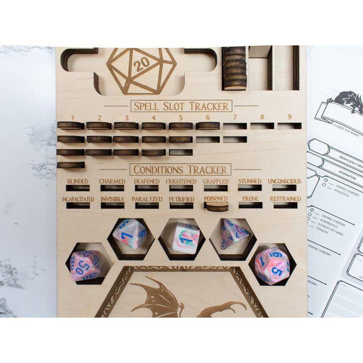 Freckled Lion Workshop - Wholesale Board Game - D&D Player's Tray: DnD Dice Tray, Spell Slot Tracker, Conditions Tracker, Phone Holder, and Dice Holder6