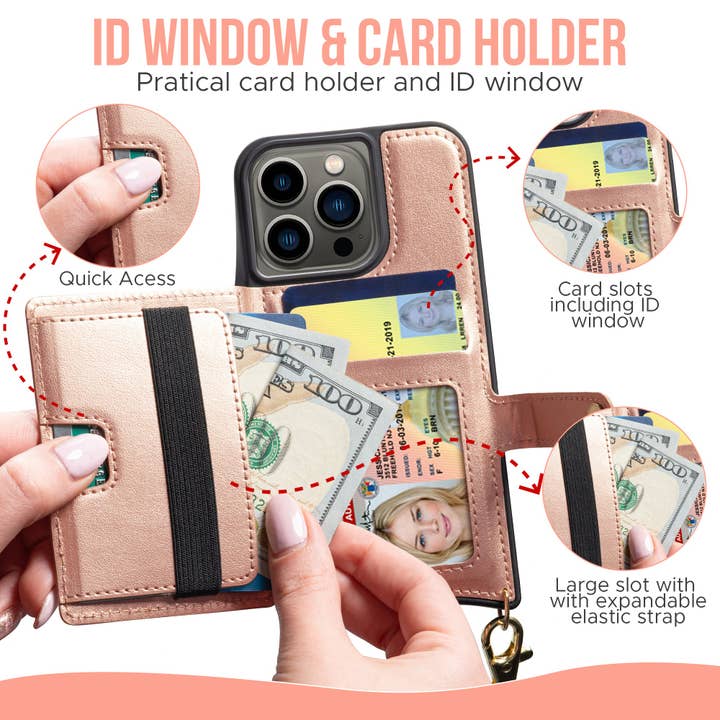 Claasico - Vente Étui portefeuille pour téléphone – femme - Étui portefeuille en similicuir pour téléphone iPhone 13 à porter en bandoulière avec emplacements cartes23