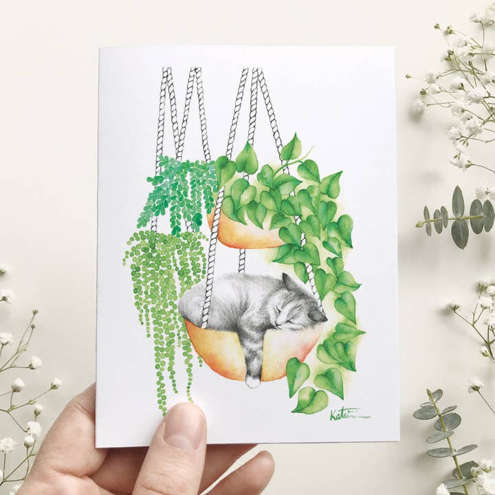 sleeping kitten greeting card for wholesale by Katrinn Pelletier Illustration + art