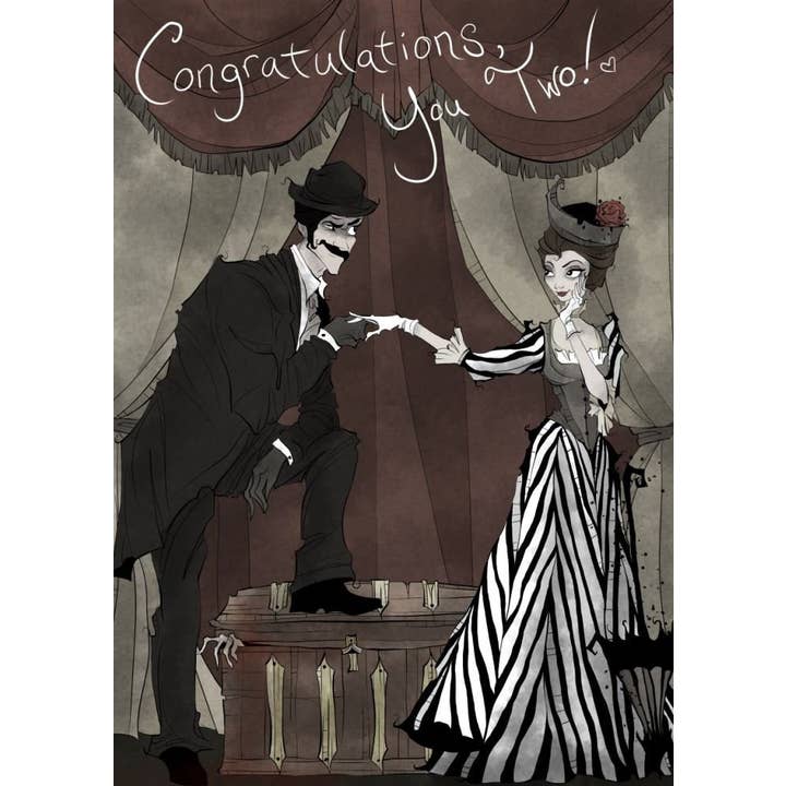 Biglietto di auguri per matrimonio e fidanzamento con umorismo oscuro per la vendita all'ingrosso da parte di Dread Illustrations