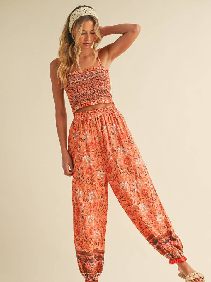 IST5950 PRINTED SMOCKED CROP TOP AND BORDER PRINT PANTS for wholesale by Klesis