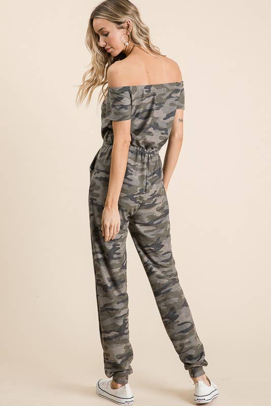 LMR5102-J-Harper's Camo Off the Shoulder Jumpsuit for wholesale on Faire8