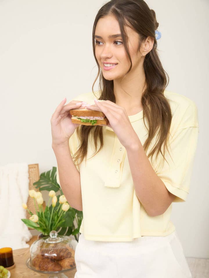 EXPOSED SEAM SHORT SLEEVE BOXY HENLEY KNIT TOP for wholesale by J.O.A