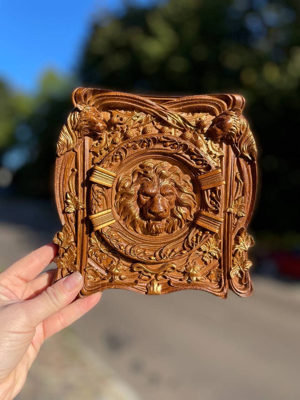 KozakWorkshop - Wholesale Plaque - Lion Head squared wooden carved plaque christian decor6