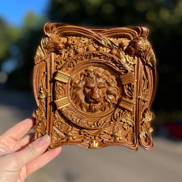 KozakWorkshop - Wholesale Plaque - Lion Head squared wooden carved plaque christian decor6