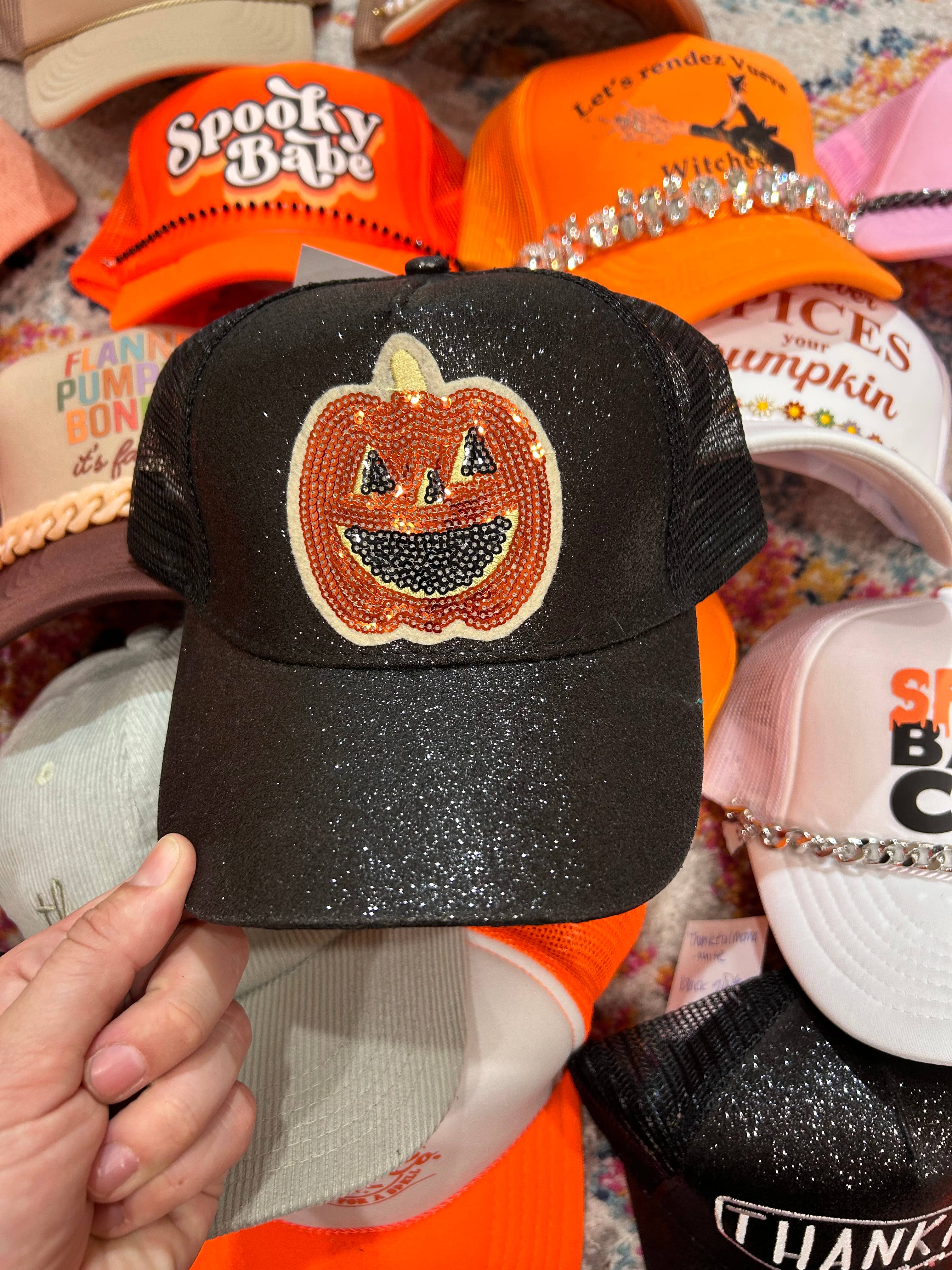 Vibes Hat Company - Wholesale Baseball Cap - Women's - Sequin Pumpkin Hat | Fall | Halloween Caps | Sparkly