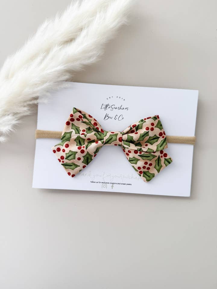 Cream Holly Christmas Pinwheel Hair Bow for wholesale by Little Sunshines Bow & Co