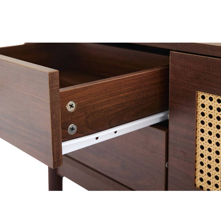 Urban Meuble - Wholesale Console Table - Vintage-style walnut wood effect TV stand with 2 rattan doors, 4 drawers 180*35*44cm KUQON21