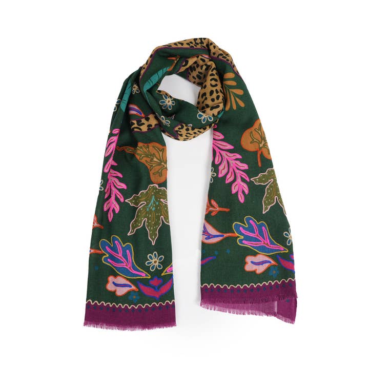 Wild Grace Wool Embroidered Scarf – Jungle Green for wholesale by Vismaya - A Brand by Shivani LLC