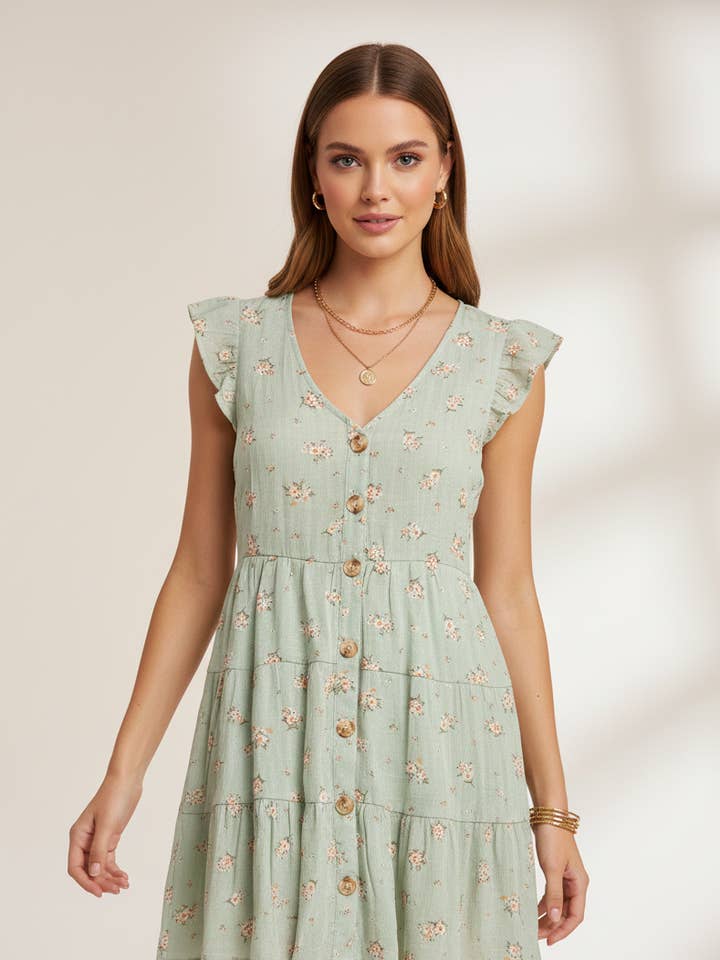 1955 Sage Volangärmad Blommig Lagerklänning för wholesale av LTX Sportswear