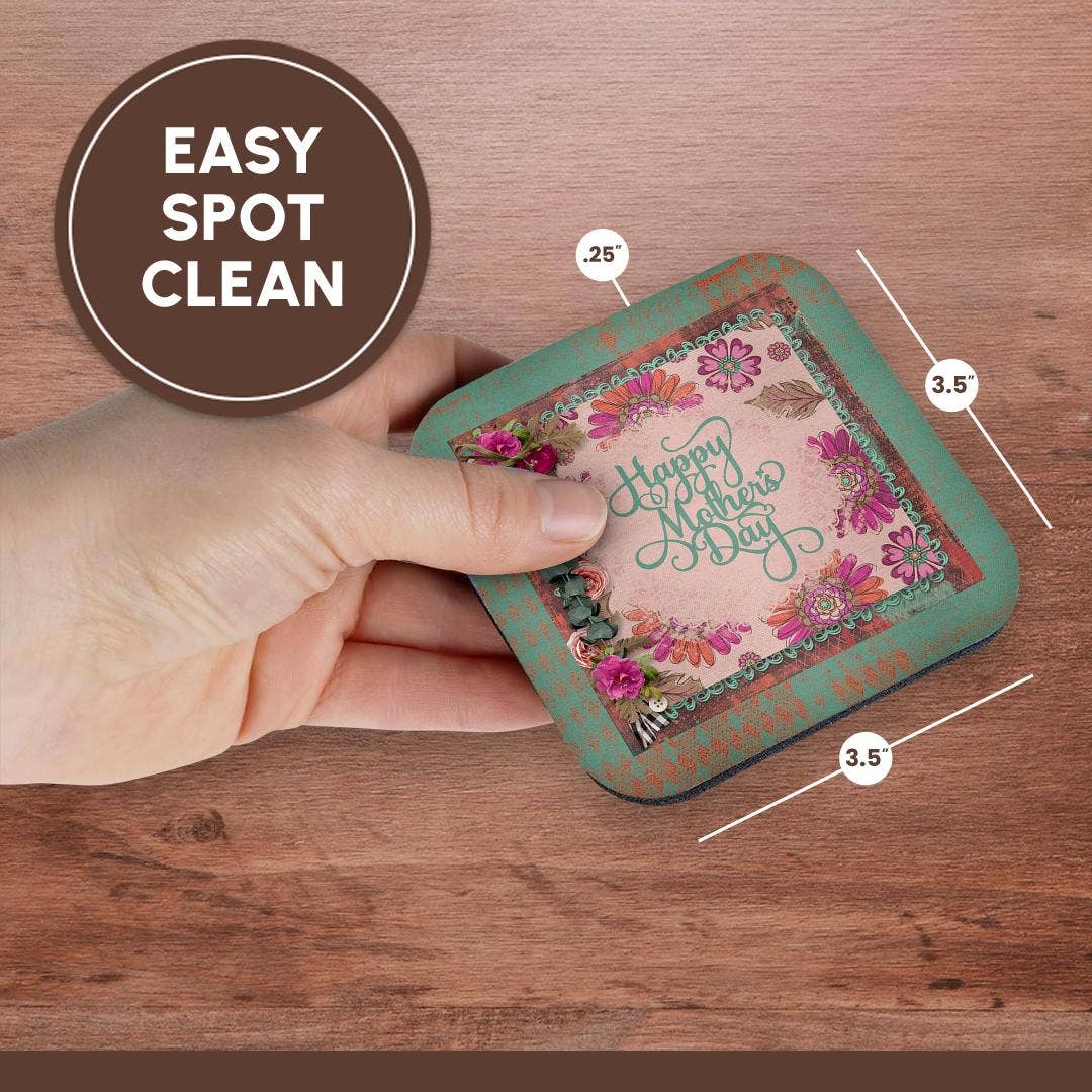 3dRose – wholesale Coasters – 3dRose, Image of Happy Mothers Day, Flora Frame, Pink, Green, Coaster13