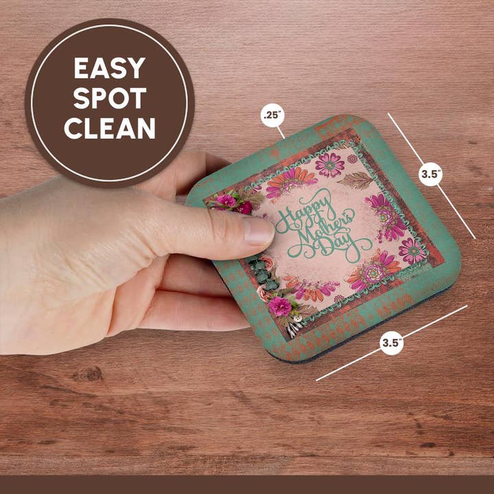 3dRose – wholesale Coasters – 3dRose, Image of Happy Mothers Day, Flora Frame, Pink, Green, Coaster13