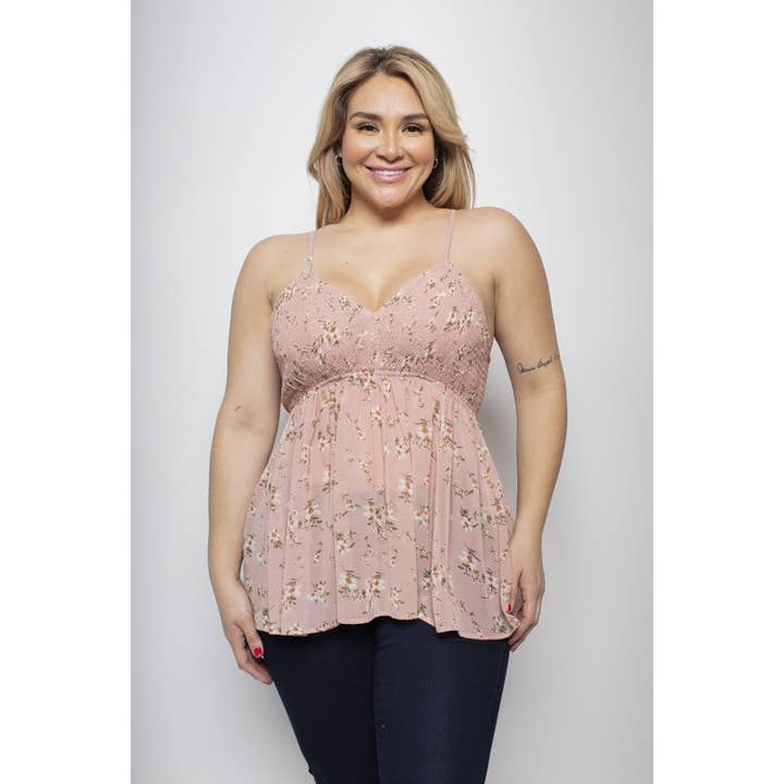 PLUS SIZE BLOMMIG CHIFFONG SMOCKED BABYDOLL TOPP för wholesale av Curve Market