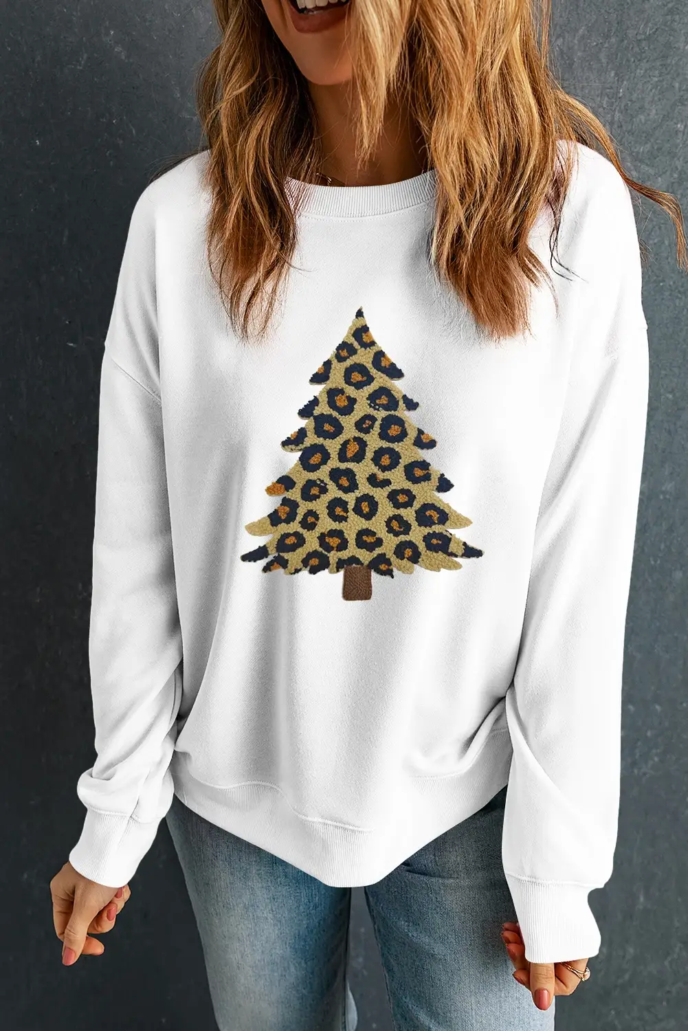 White Plush Leopard Tree Patched Drop Shoulder Sweatshirt for wholesale on Faire0