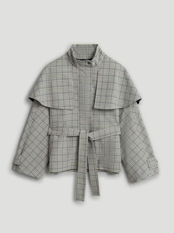 Belted Glen Check Cape Trench for wholesale by NOCTURNE