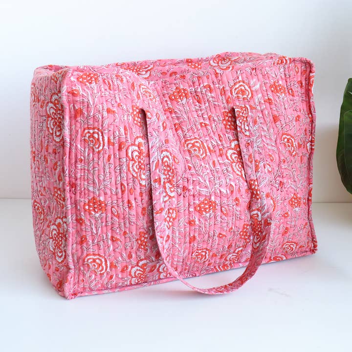 TerraWeave - Wholesale Tote Bag - Women's - Floral Quilted XL Tote - Pink & Red Holiday Travel Bag0