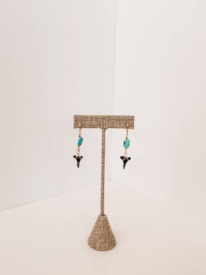 Shark Tooth Dangle Huggie Hoops - Turquoise | Waterproof Earrings for wholesale by Always Augustine