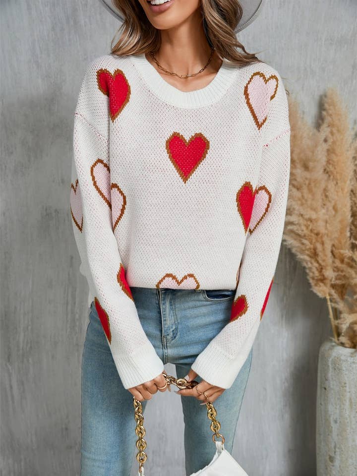 NINEXIS - Wholesale Knit Sweater - Women's - CWOSWL5782_CONTRAST VALENTINE'S DAY HEART PEACH SWEATER
