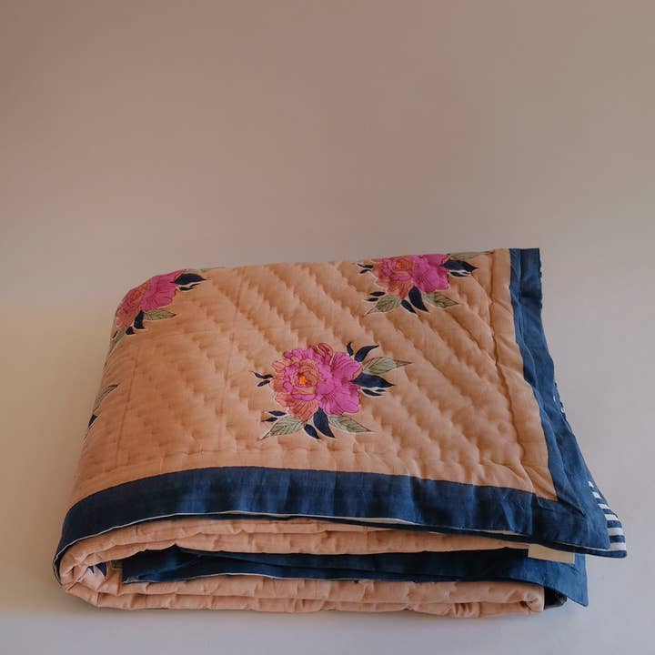 Soil to Studio - Wholesale Quilt - Babita - Hand Block-printed Reversible Quilt (Old Rose)
