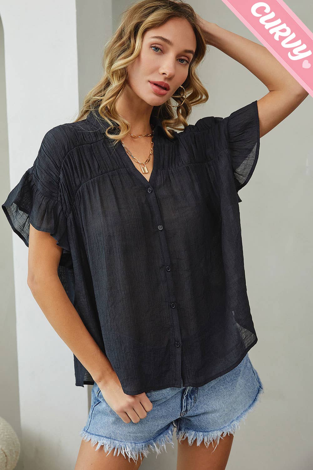 Sweet Lovely by Jen - Wholesale Button Down Shirt - Women's - PLUS SIZE CASUAL SHORT RUFFLE FLOWY SHIRT9
