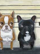 Lámina artística de perros Boston Terrier, The Line Up, marrón y rojo para venta al por mayor de Brian Rubenacker studios