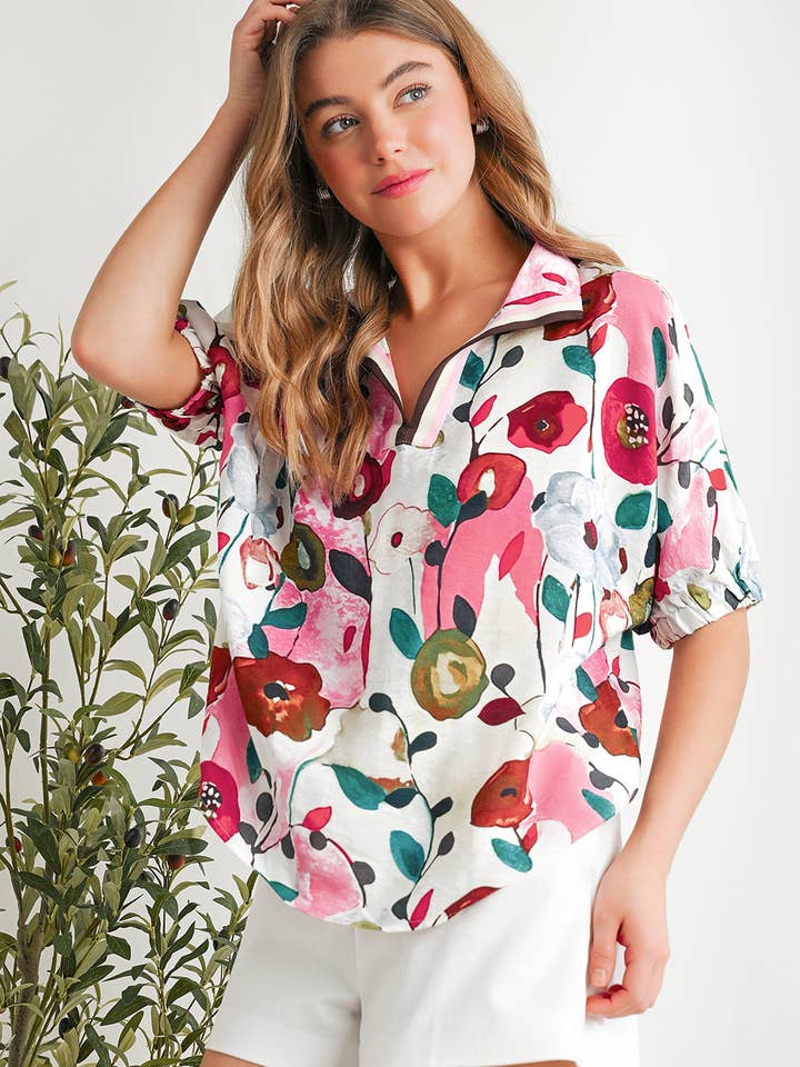 Floral Print Slit V Neck Blouse | S-XL for wholesale by Aapparella