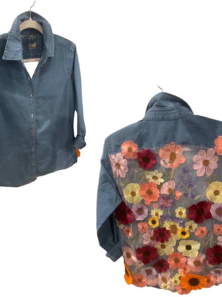 Fabulous 3-D Floral Faded Light Denim Shirt Blouse for wholesale by Suzy T Designs