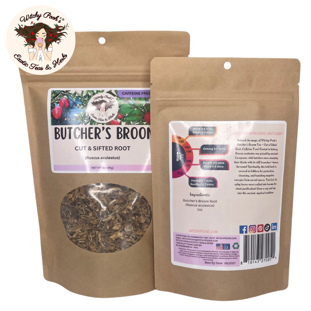 Witchy Pooh's Exotic Teas & Herbs – Engroshandel Løs te – Witchy Poohs Butcher's Broom Te, skåret og sigtet rod9