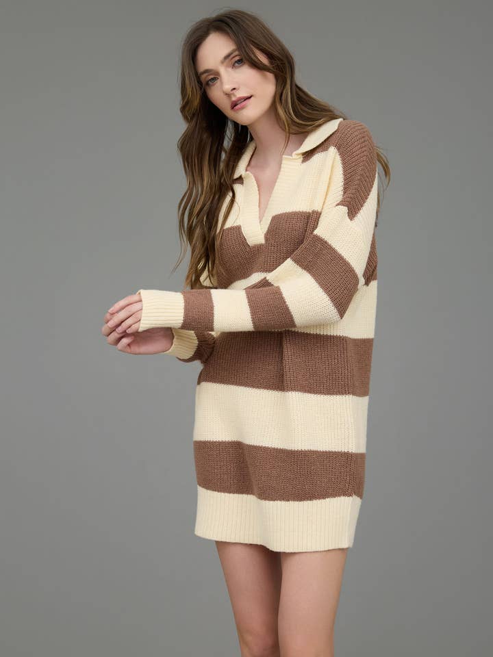 Blu Pepper - Wholesale Dress - Women's - STRIPE COLLARED LONG SLEEVE MINI SWEATER DRESS