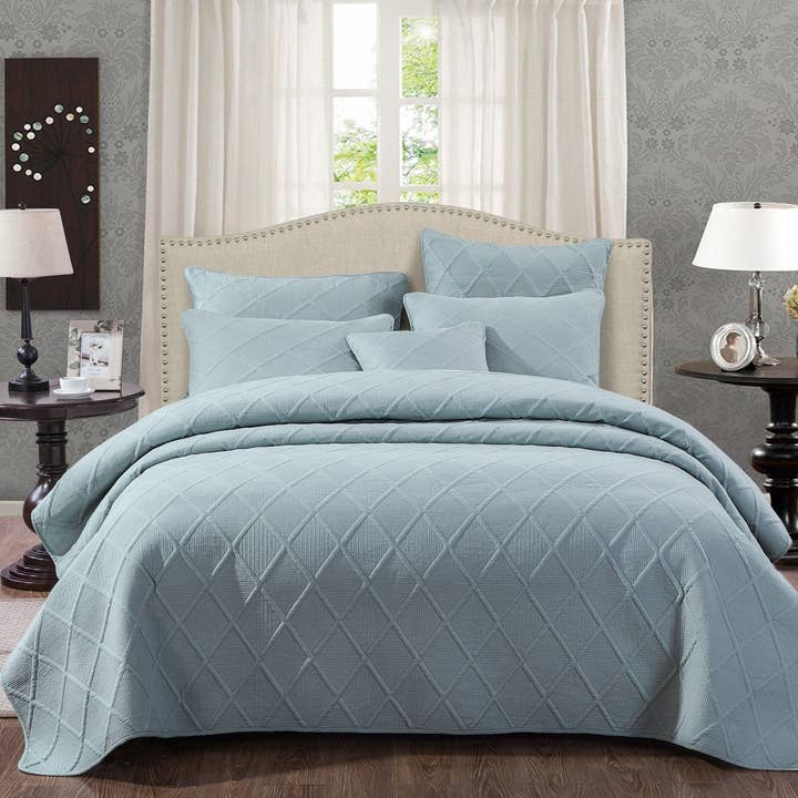 Tache Soothing Pastel Seafoam Blue Diamond Stitch Cotton Quilt Set (JHW-856) for wholesale by Tache Home Fashion