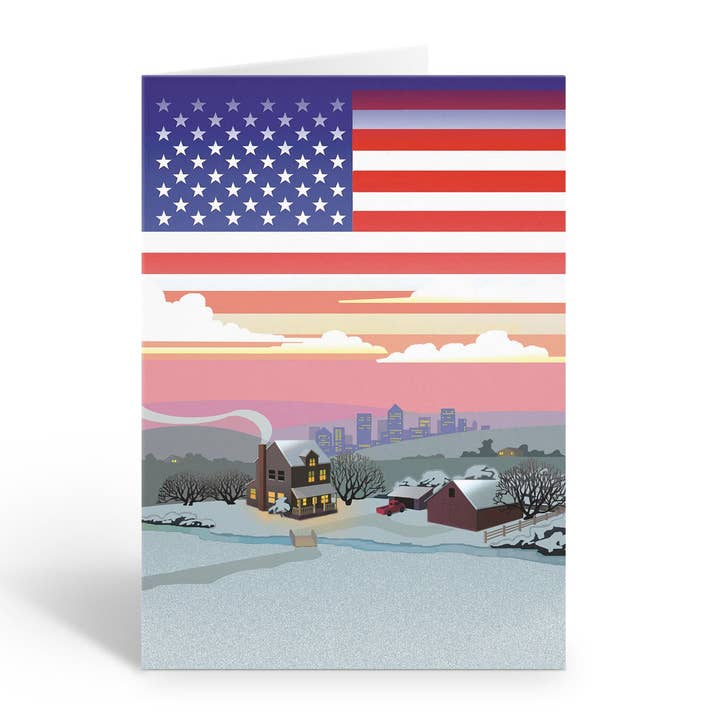 Cartes de vœux et enveloppes de vacances avec drapeau américain et maison de campagne pour la vente par Stonehouse Collection