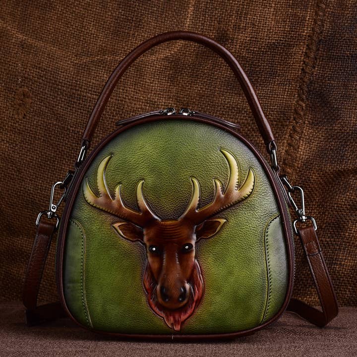 Sac à main en cuir embossé avec motif de cerf et poignée supérieure pour la vente par Modenaire