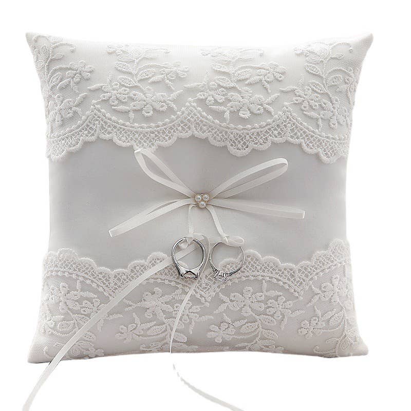 Floris Linens - Wholesale Pillow/Cushion - Kids & Baby - Three Pearl Wedding Ring Bearer Pillow with Lace7