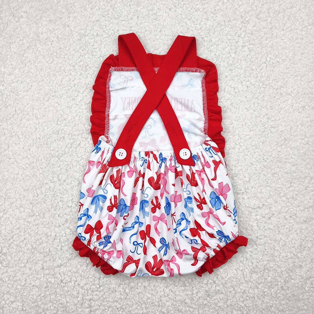 Aier Wholesale - Wholesale Bodysuit (Non-Footed) - Baby - Baby Girls Red Strap American Honey Blue Bows 4th Of July Rompers1